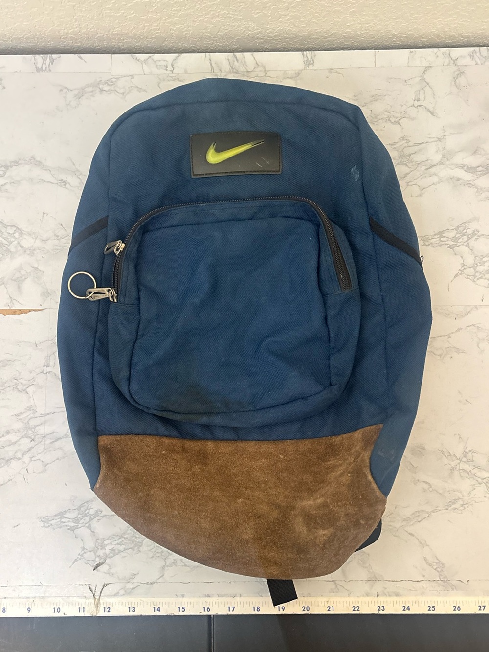 Vintage 90s Nike Backpack Navy Blue Brown Suede Bottom Swoosh School Bag Vtg